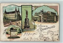 W4600 Dortmund Hauptpost Krieger-Denkmal 1865 Kriegerdenkmal 1870/71 Ortsansicht 4-Bildaufnahme Kriegerdenkmal 1908 Lithographie