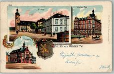 1 O9930 Adorf , Vogtl Gebrauchsspuren Kirchplatz Hotel Zur Post Rathaus Lithographie