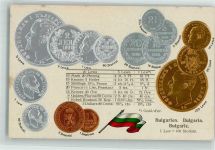 Münzenkarte und Nationalflagge Münzabbildungen Geld auf AK Lithographie Motiv Bulgarien Prägedruck