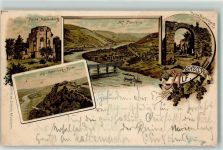 56859 W5584 Alf 1898 Lithographie Ruine Marienburg Marienberg Gruss Brücke Raddampfer Reben