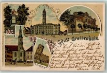 01558 O8280 Großenhain , Sachs 1900 Lithographie Bismarckdenkmal Rathaus Post Kirche Kaiser Wilhelm-Denkmal Kupferbergturm