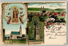 86650 W8853 Wemding 1908 Lithographie Madonnenbildnis Engel Kriegerdenkmal Wallfahrtskirche Stadtpfarrkirche