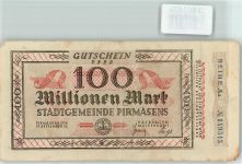 W6780 Pirmasens 100 Millionen Mark Notgeld ab Million Notgeldschein