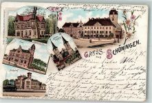 38364 W3338 Schöningen 1896 Gebrauchsspuren Lithograpie Post Bahnhof Kirche St. Lorenz Gasthaus Stadtkeller