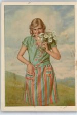 Mädchen mit Blumen Indanthren Künstlerkarte