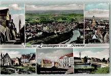 89415 W8882 Lauingen (Donau) - Wasserschapfe Blick zum Schimmelturm Tränketor mit Teich Albertus Magnus-Denkmal mit Rathaus Partie an der Donau Rückseite mit Abschürfungen bzw Kleberesten