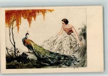 Italien Gravur 1962 - Frau mit einem Pfau , Eckknick Hardy, F.