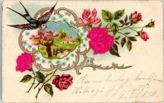 Rosen mit echt Stoff Applikation Schwalbe 1903 Prägedruck