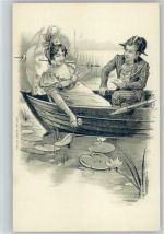 Serie: "Stilles Glück" Biedermeier Glamour Liebespaar im Ruderboot, Dame mit Sonnenschirm pflückt eine Seerose Seerose 1899 Prägedruck