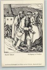 Kirchgang in Franken Federzeichnung Schiestl Künstlerkarte