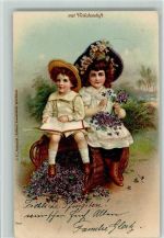 Veilchenduft - Buch lesen, Kinder sitzen auf Blumenkörbe AK Duftkarte Lithographie