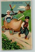 Hollandkinder - Holzschuh als Kutsche litho Neujahr Holzschuh Prägedruck