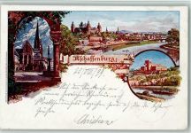 63739 W8750 Aschaffenburg 1899 Künstlerkarte Ortsansichten Kirche 3-Bildaufnahme sign.