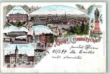 08451 O9630 Crimmitschau 1899 Lithographie Knabenschule Bahnhof Realschule Kirche Pastorat Rathaus Kaiser Wilhelm-Denkmal