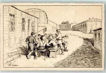 W6482 Wegscheide Zeichnung des Kinderdorfes mit einer Gruppe Pimpfe am Tisch Pfadfinder 1932 Künstlerkarte