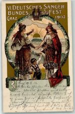 8010 Graz 01.Bez.:Innere Stadt 1902 Prägedruck VI. Deutsches Sängerfest Jugendstil Tracht Wappen