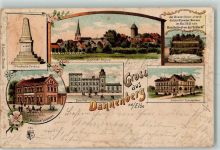 29451 W3138 Dannenberg Elbe 1900 Lithographie Prochaska-Denkmal Bahnhofs-Hotel Bahnhof Johanniter-Krankenhaus