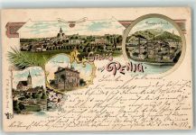 09322 O9294 Penig 1896 Lithographie Bahnpost Glauchau Großbothen Zug 850 30.9.96 Kirche K. Postamt Patentpapier Fabrik Ottmar Zieher