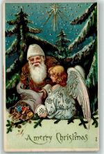 Engel Sack mit Spielzeug, Merry Christmas Weihnachtsmann Lithographie / Prägedruck