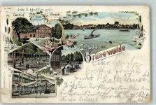 39218 O3301 Grünewalde b Schönebeck, Elbe 1900 Gebrauchsspuren Gasthaus Hirsch Garten Konzertsaal Seerosen Lithographie