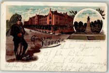 15907 O7550 Lübben 1898 Lithographie Jägerkaserne Soldat Kaiser-Denkmal
