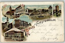 15517 O1240 Fürstenwalde , Spree 1900 Gebrauchsspuren Lithographie Kaserne Rathaus St. Marienkirche Kaiserplatz Bullen-Turm