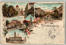 01558 O8280 Großenhain , Sachs 1896 Lithographie Rathaus Post Stadtkirche Poststraße Bahnhofstraße