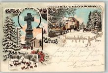 06343 O4274 Mansfeld , Südharz 1898 Gebrauchsspuren Winterlithographie Josephhöhe Auerberg Aussichtsturm Pferdeschlitten Wildlichtung