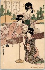 By Utamaro 1753-1805 Japan Musikinstrumente Koto + Shamisen Geisha 1913 Lithographie / Künstlerkarte