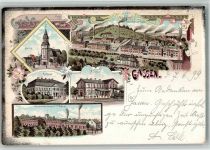 Gassen Jasien 1899 BOAKC Kirche Rathaus Fabrik Bahnhof Lithographie