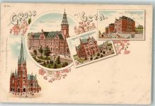 07545 O6500 Gera Lithographie Hauptpostamt St. Johanniskirche Zabel'sche Töchteranstalt