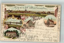 97437 W8728 Haßfurt 1899 Lithographie Wildbad Hassfurt Mainbrücke Rathaus Ritterkapelle