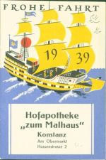 W7750 Konstanz Taschenkalender 1939 14 Seiten Hofapotheke Zum Malhaus Segelschiff Rückseite Postgebühren Apotheke KEINE AK