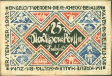 W4800 Bielefeld 25 Mark aus Leinenstoff zweilagig Notgeld Deutschland 1921 Notgeldschein
