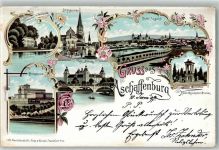 63739 W8750 Aschaffenburg 1897 Lithographie Schönbuscher Schlößchen Pompejanum Stiftskirche Kgl. Schloß Rose