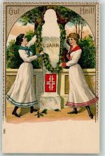 Gut Heil - Frauen tragen eine Girlande Verlag Bruno Bürger u. Ottillie 7955 Turnvater Jahn Lithographie / Prägedruck