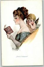 Frau beim Buch lesen über Politik , Amor´s Erstaunen Amor Künstlerkarte