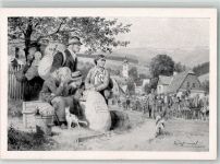 Zwangsaustreibung der Sudetendeutschen WK II 1945-1946 sign. Assmann Flüchtling Künstlerkarte