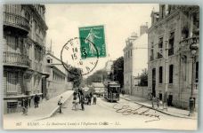 51100 Reims 1910 Foto AK Straßenbahn Le Boulevard Lundy Briefmarke Bildseite