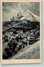 W8240 Berchtesgaden Panorama des Ortes mit der Stiftskirche und dem Watzmann Compton, E. H. Künstlerkarte