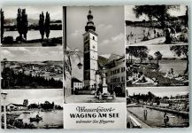 83329 W8221 Waging a. See - Marktplatz Am Kurhaus Ruderboot Badeleben Liegewiese Planschbecken Rückseite mit Abschürfungen bzw Kleberesten