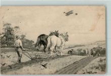 Bauer beim Pflügen und ein Flugzeug Munk Nr. 647 Tiergespann 1913 Künstlerkarte