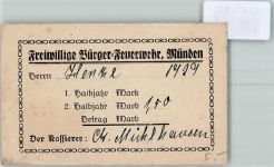34346 W3510 Münden 1929 KEINE AK Beitrags-quittung Freiwillige Bürger-Feuerwehr 2. Halbjahr Herr Henke