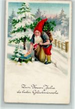 mit Kiepe Neujahr AK Zwerg 1933