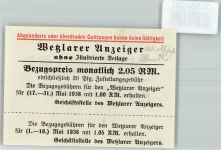 W6330 Wetzlar Wetzlarer Zeitung Quittung WK II Zeitung 1938 KEINE AK
