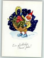 Neujahr - Korb mit Klee, Pilze u. Hufeisen, sehr gute Erhaltung AK Zwerg