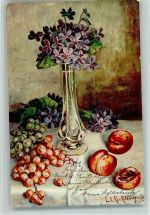 sign Reckling - Früchte, Blumenvase AK Stillleben 1905