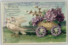 Gedicht - Tauben ziehen einen Blumenkarren litho Vergissmeinnicht Prägedruck
