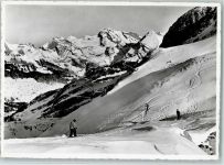 Churfirsten Gluristalabfahrt am Hinterruck Blick auf Säntis und Schafberg Skifahrer Ski