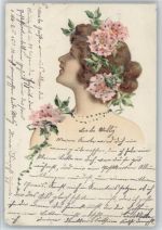 Frauen Porträt - Blumen im Haar Glitzer 1901 AK mit Glitzer